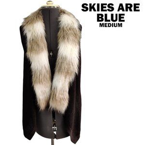SKIES ARE BLUE Vest Knit Faux Fur Trim Brown Med